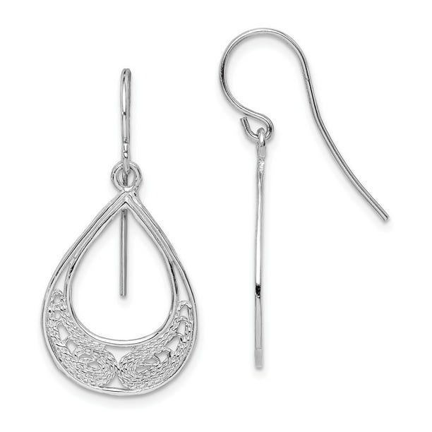 925 Sterling Silver Rhodium-plated Polished & Textured Teardrop Dangle Earrings 